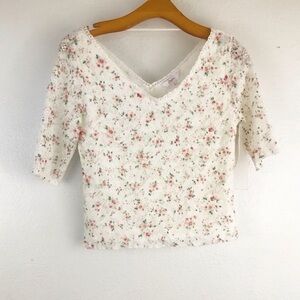 Candie’s Floral Lace Baby Tee Cottagecore Elbow Sleeve Top Large